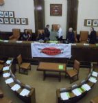 Matthew Finegan in Salford Council Chamber during occupation